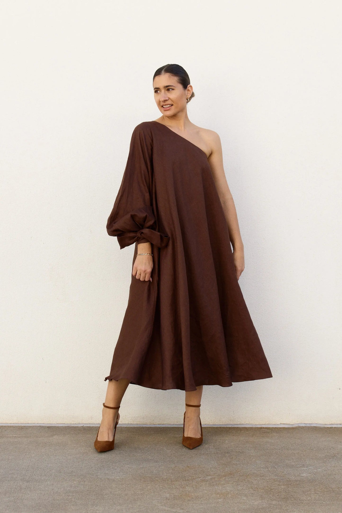 Chocolate Balloon Sleeve Swing Dress Isabella Longginou