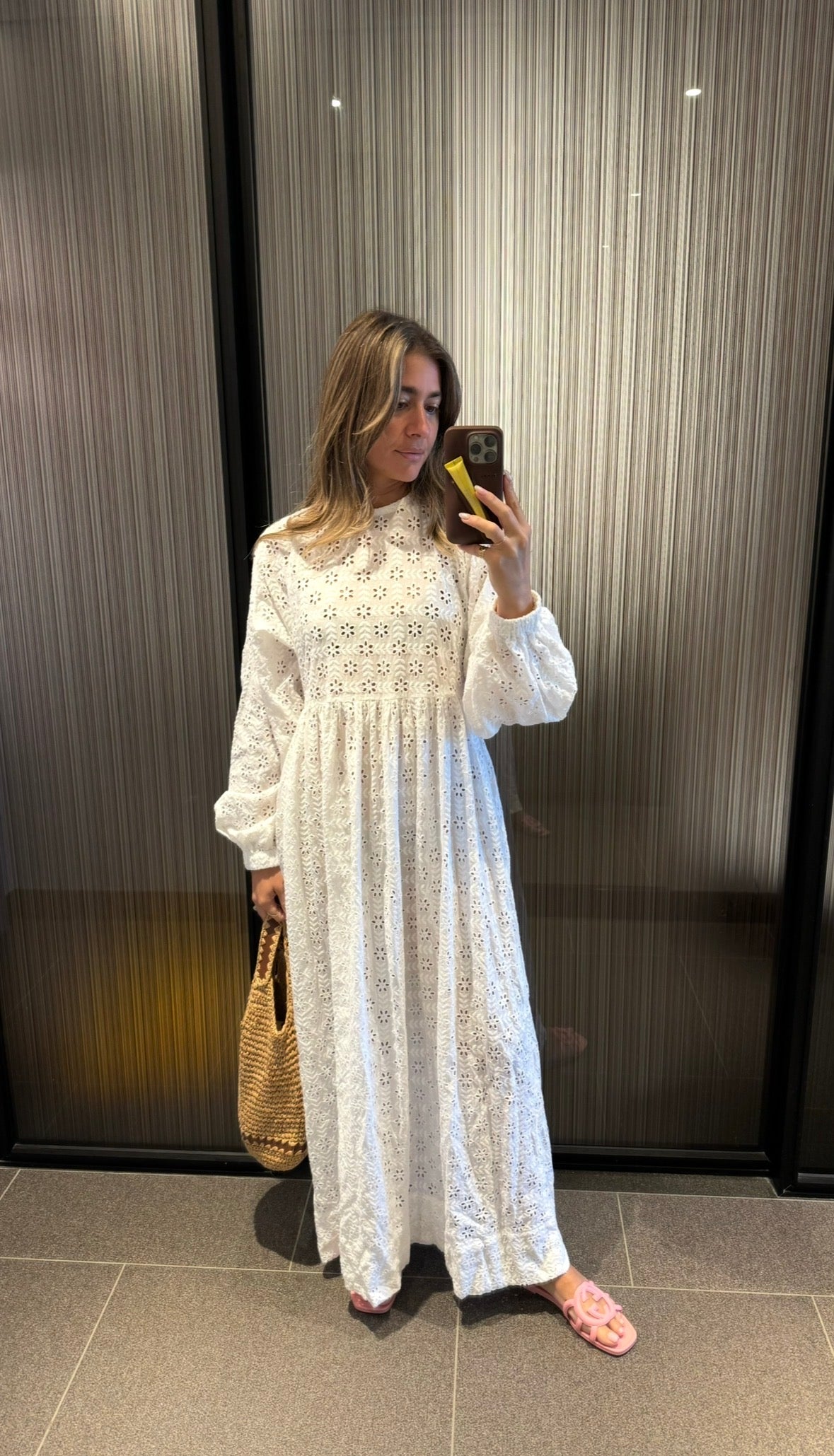 Broderie Balloon Sleeve Gathered Dress