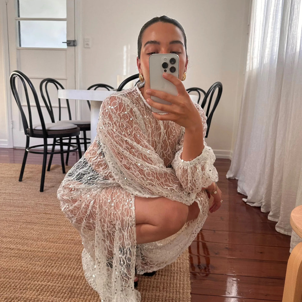 
                      
                        Sheer Sequin Balloon Sleeve Shift Isabella Longginou
                      
                    